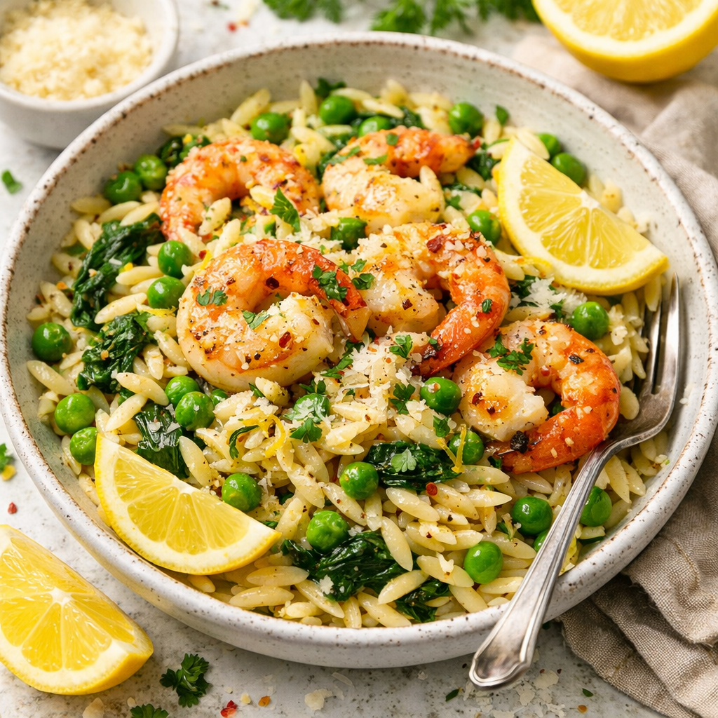 اورزو لیمویی با میگو و نخود فرنگی